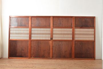 和製アンティーク　力強い木目が目を引く上質な障子帯戸4枚セット(障子戸、格子戸、板戸、引き戸、建具)(R-048351)