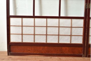 アンティーク建具　腰板ケヤキ材　漆塗り　和の風情たっぷりの両面格子入り障子戸2枚セット(引き戸、建具)(R-048354)
