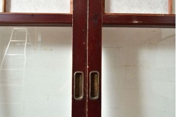 アンティーク建具　腰板ケヤキ材　漆塗り　和の風情たっぷりの両面格子入り障子戸2枚セット(引き戸、建具)(R-048354)