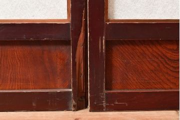 アンティーク建具　腰板ケヤキ材　漆塗り　和の風情たっぷりの両面格子入り障子戸2枚セット(引き戸、建具)(R-048355)