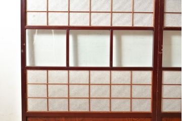 アンティーク建具　腰板ケヤキ材　漆塗り　和の風情たっぷりの両面格子入り障子戸2枚セット(引き戸、建具)(R-048355)