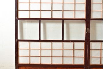 アンティーク建具　腰板ケヤキ材　枠・腰板漆塗り　和の情緒溢れる障子戸2枚セット(引き戸、建具)(R-048356)