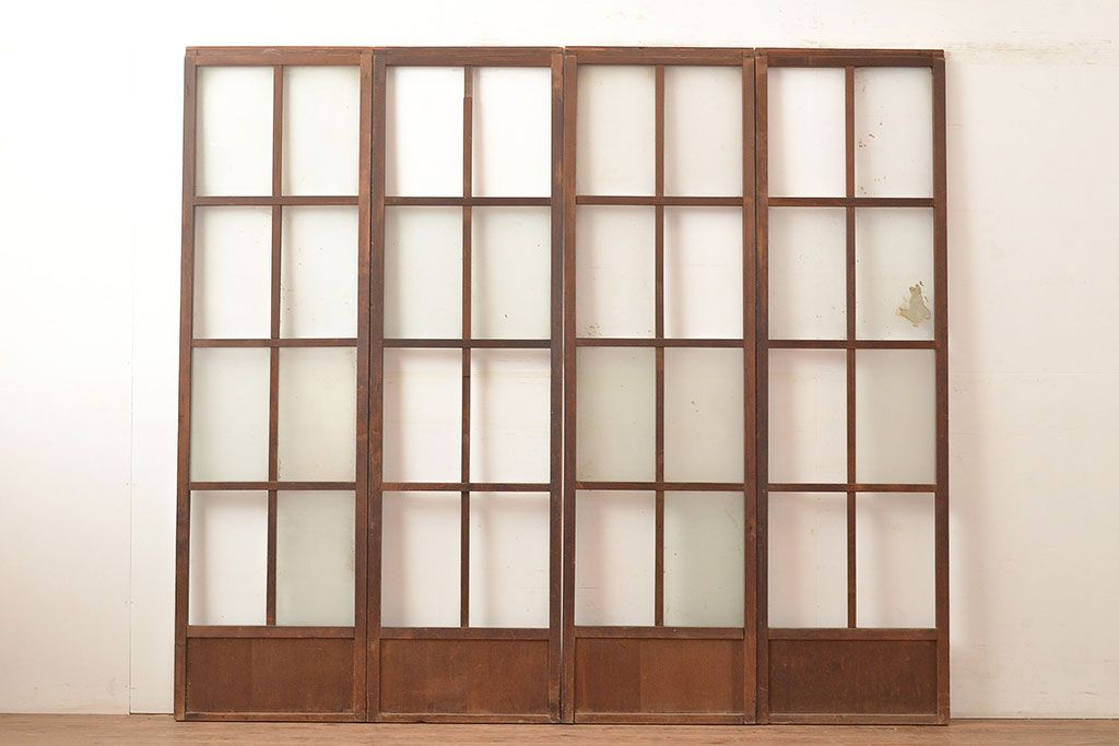 和製アンティーク　昭和初期　レトロな雰囲気がどこか懐かしい幅狭ガラス戸4枚セット　(R-048362)