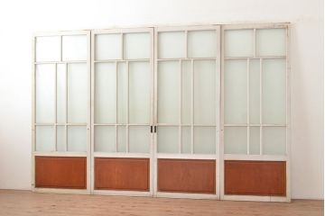 アンティーク建具　木の風合いとペイントの組み合わせが楽しめるガラス戸4枚セット(引き戸、建具)(R-048364)