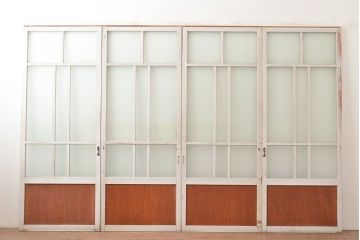 アンティーク建具　木の風合いとペイントの組み合わせが楽しめるガラス戸4枚セット(引き戸、建具)(R-048364)