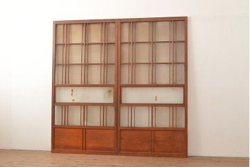 和製アンティーク　くっきりとした木目が味わい深いガラス戸2枚セット(引き戸、建具)(R-048377)