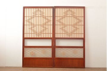 アンティーク建具　組子細工がお洒落な、和の風情たっぷりの障子戸2枚セット(引き戸、建具)(R-048378)