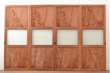 和製アンティーク　高級品　存在感のある木目が魅力!杉材一枚板を贅沢に使用した、ダイヤガラス入りの引き戸4枚セット(建具)(R-048396)