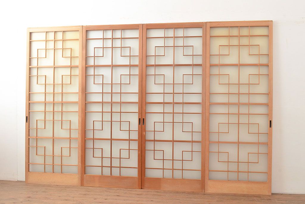 アンティーク建具　組子デザインが美しいガラス戸4枚セット(引き戸、建具)(R-048397)
