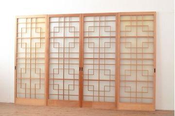 アンティーク建具　組子デザインが美しいガラス戸4枚セット(引き戸、建具)(R-048397)