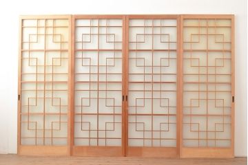 アンティーク建具　組子デザインが美しいガラス戸4枚セット(引き戸、建具)(R-048397)