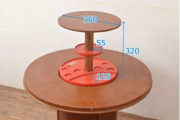 和製ヴィンテージ　珍品　店舗什器におすすめ!可動式の棚が付いた変わったつくりのセンターテーブル(ラウンドテーブル、ビンテージ)(R-048400)