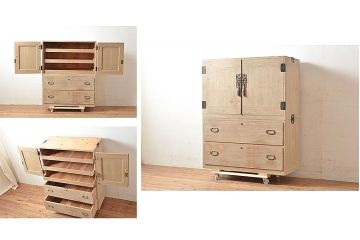 和製アンティーク　前面桐材　衣装盆付き　桐箪笥(着物箪笥、引き出し、和タンス、衣装箪笥)(R-048506)