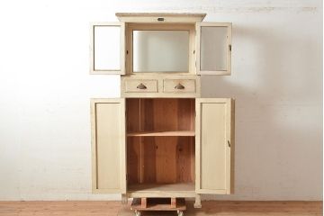 和製アンティーク　昭和初期　珍しいデザインのペイントキャビネット(デンタルケース、デンタルキャビネット、ケビント、ガラスケース、戸棚)(R-048553)