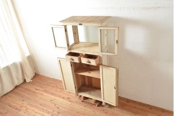 和製アンティーク　昭和初期　珍しいデザインのペイントキャビネット(デンタルケース、デンタルキャビネット、ケビント、ガラスケース、戸棚)(R-048553)