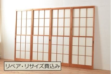 アンティーク建具　情緒溢れる和の雰囲気漂う雪見障子戸4枚セット(摺り上げ障子戸、引き戸、擦り上げ障子戸、擦上障子戸、建具)(R-048557)