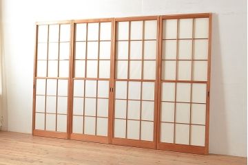 アンティーク建具　情緒溢れる和の雰囲気漂う雪見障子戸4枚セット(摺り上げ障子戸、引き戸、擦り上げ障子戸、擦上障子戸、建具)(R-048557)
