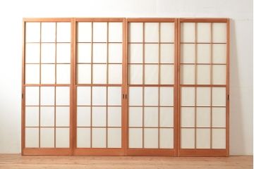 アンティーク建具　情緒溢れる和の雰囲気漂う雪見障子戸4枚セット(摺り上げ障子戸、引き戸、擦り上げ障子戸、擦上障子戸、建具)(R-048557)