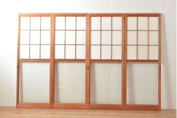 アンティーク建具　情緒溢れる和の雰囲気漂う雪見障子戸4枚セット(摺り上げ障子戸、引き戸、擦り上げ障子戸、擦上障子戸、建具)(R-048557)