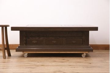 中古　高級品!　鉄刀木(タガヤサン)　内部銅製 美しい木目が魅力の関西火鉢(ローテーブル、長火鉢、座卓、リビングテーブル、囲炉裏)(R-048576)