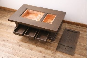 中古　高級品!　鉄刀木(タガヤサン)　内部銅製 美しい木目が魅力の関西火鉢(ローテーブル、長火鉢、座卓、リビングテーブル、囲炉裏)(R-048576)
