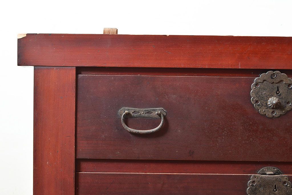 和製アンティーク　ヒノキ材・ケヤキ材　収納力抜群!漆の赤みがかった色味が魅力の重ね収納箪笥(夜具箪笥、布団箪笥、水屋箪笥)(R-048650)