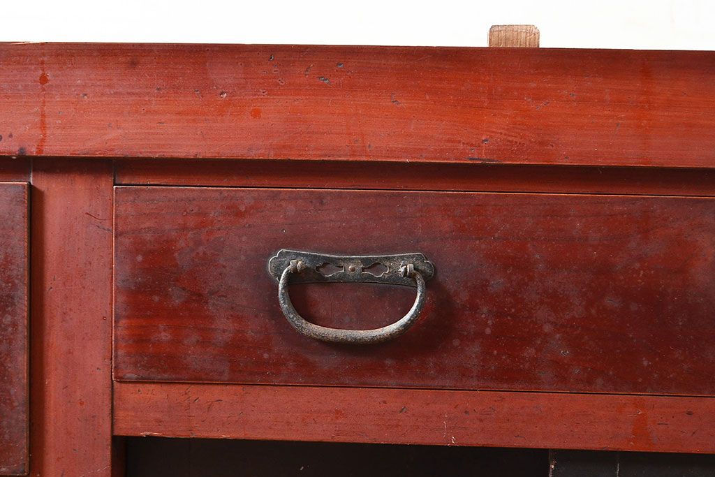 和製アンティーク　ヒノキ材・ケヤキ材　収納力抜群!漆の赤みがかった色味が魅力の重ね収納箪笥(夜具箪笥、布団箪笥、水屋箪笥)(R-048650)