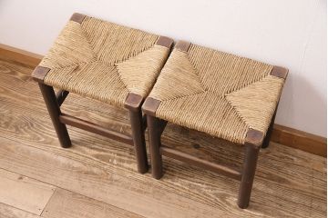 ヴィンテージ家具　松本民芸家具　初期モデル　ラッシ座面がおしゃれなスツール2脚セット(チェア、椅子、ビンテージ)(R-048681)