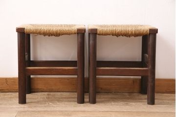 ヴィンテージ家具　松本民芸家具　初期モデル　ラッシ座面がおしゃれなスツール2脚セット(チェア、椅子、ビンテージ)(R-048683)