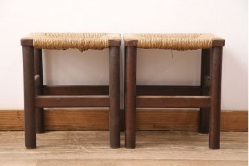 ヴィンテージ家具　松本民芸家具　初期モデル　ラッシ座面がおしゃれなスツール2脚セット(チェア、椅子、ビンテージ)(R-048684)