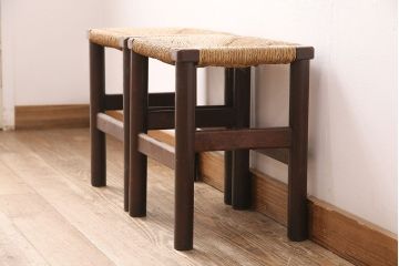 ヴィンテージ家具　松本民芸家具　初期モデル　ラッシ座面がおしゃれなスツール2脚セット(チェア、椅子、ビンテージ)(R-048684)