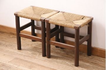 ヴィンテージ家具　松本民芸家具　初期モデル　ラッシ座面がおしゃれなスツール2脚セット(チェア、椅子、ビンテージ、バラ売り可能)(R-048685)