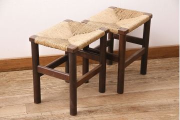 ヴィンテージ家具　松本民芸家具　初期モデル　ラッシ座面がおしゃれなスツール2脚セット(チェア、椅子、ビンテージ、バラ売り可能)(R-048685)