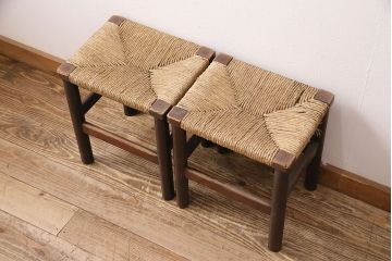 ヴィンテージ家具　松本民芸家具　初期モデル　ラッシ座面がおしゃれなスツール2脚セット(チェア、椅子、ビンテージ、バラ売り可能)(R-048685)