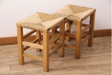 【簡易リペア限定品】ヴィンテージ　松本民芸家具　初期モデル　ラッシ座面がおしゃれ!素朴な木肌が味わい深いスツール2脚セット(チェア、椅子、イス、ビンテージ、バラ売り可能)(R-048694)