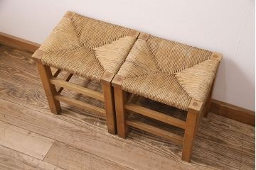 【簡易リペア限定品】ヴィンテージ　松本民芸家具　初期モデル　ラッシ座面がおしゃれ!素朴な木肌が味わい深いスツール2脚セット(チェア、椅子、イス、ビンテージ、バラ売り可能)(R-048694)