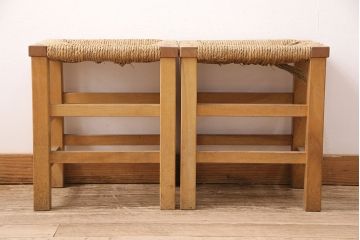 【簡易リペア限定品】ヴィンテージ　松本民芸家具　初期モデル　ラッシ座面がおしゃれ!素朴な木肌が味わい深いスツール2脚セット(チェア、椅子、イス、ビンテージ、バラ売り可能)(R-048694)