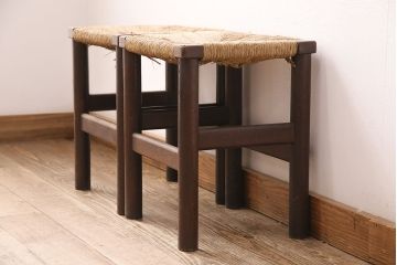 ヴィンテージ家具　松本民芸家具　初期モデル　ラッシ座面がおしゃれなスツール2脚セット(チェア、椅子、ビンテージ)(R-048709)