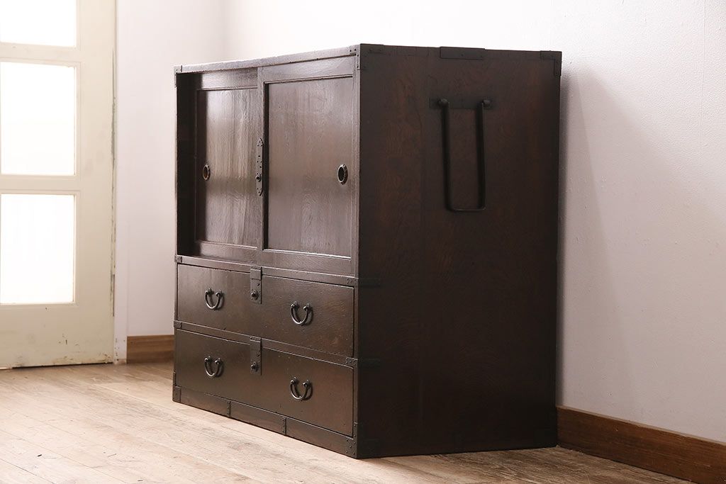 和製アンティーク 品のある佇まいが魅力的なケヤキ材製の帳場箪笥(時代箪笥、整理箪笥)(R-048722)