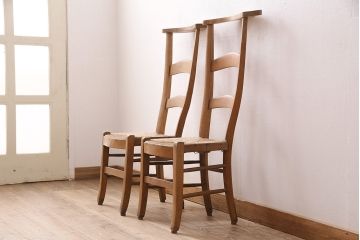 イギリスアンティーク　ビーチ材　編み座面のフレンチチャーチチェア2脚セット(椅子、ダイニングチェア)(R-048745)