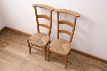 イギリスアンティーク　ビーチ材　編み座面のフレンチチャーチチェア2脚セット(椅子、ダイニングチェア)(R-048750)