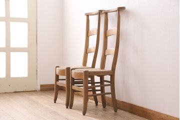 【簡易リペア限定品】イギリスアンティーク　ビーチ材　編み座面のフレンチチャーチチェア2脚セット(椅子、イス、ダイニングチェア)(R-048751)