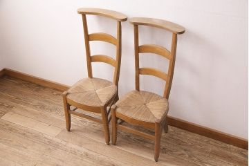 【簡易リペア限定品】イギリスアンティーク　ビーチ材　編み座面のフレンチチャーチチェア2脚セット(椅子、イス、ダイニングチェア)(R-048751)
