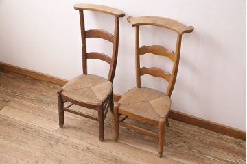 イギリスアンティーク　ビーチ材　編み座面のフレンチチャーチチェア2脚セット(椅子、ダイニングチェア)(R-048757)