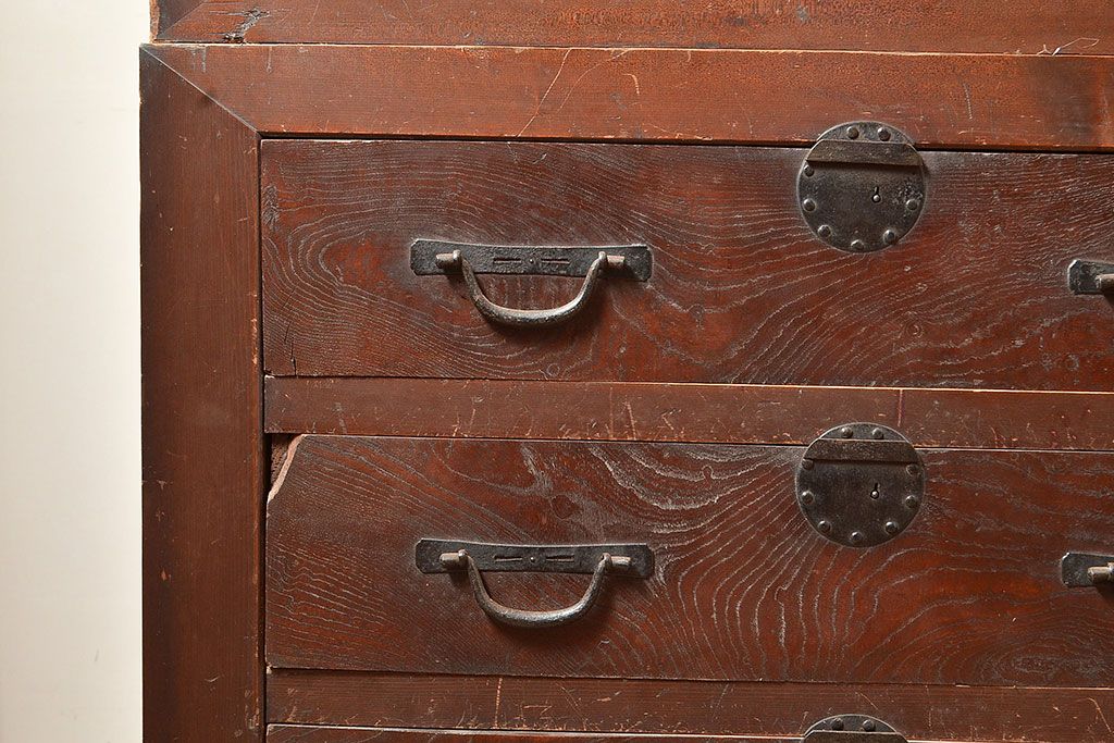 和製アンティーク　ヒノキ材・ケヤキ材　激レアサイズ!!堂々とした存在感抜群の九尺収納箪笥(水屋箪笥、夜具箪笥、布団箪笥、キャビネット、収納棚)(R-048768)