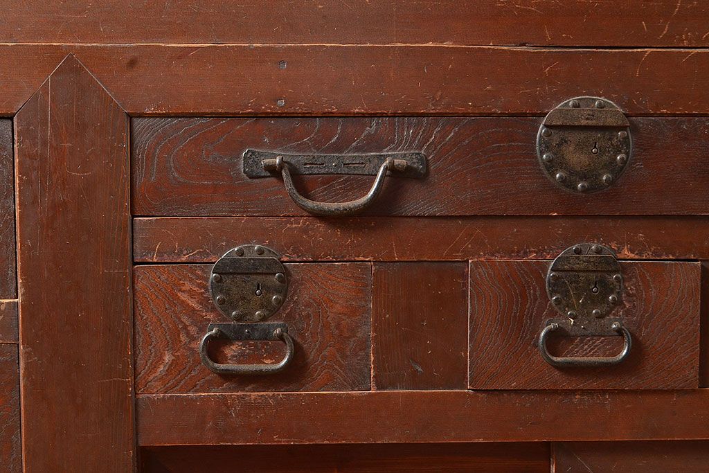 和製アンティーク　ヒノキ材・ケヤキ材　激レアサイズ!!堂々とした存在感抜群の九尺収納箪笥(水屋箪笥、夜具箪笥、布団箪笥、キャビネット、収納棚)(R-048768)