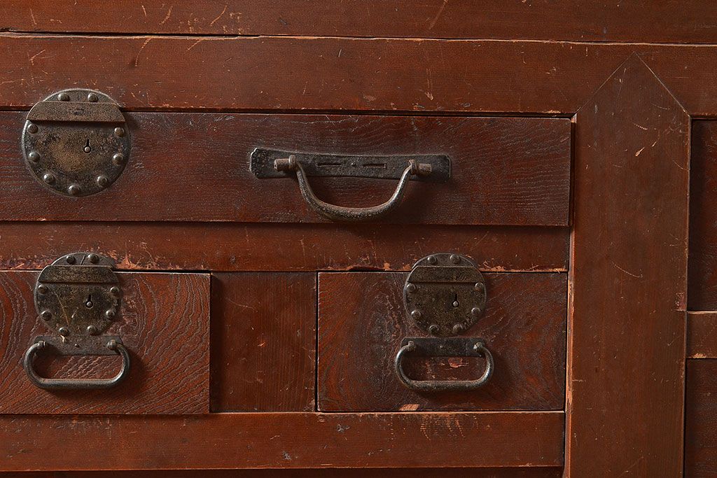 和製アンティーク　ヒノキ材・ケヤキ材　激レアサイズ!!堂々とした存在感抜群の九尺収納箪笥(水屋箪笥、夜具箪笥、布団箪笥、キャビネット、収納棚)(R-048768)