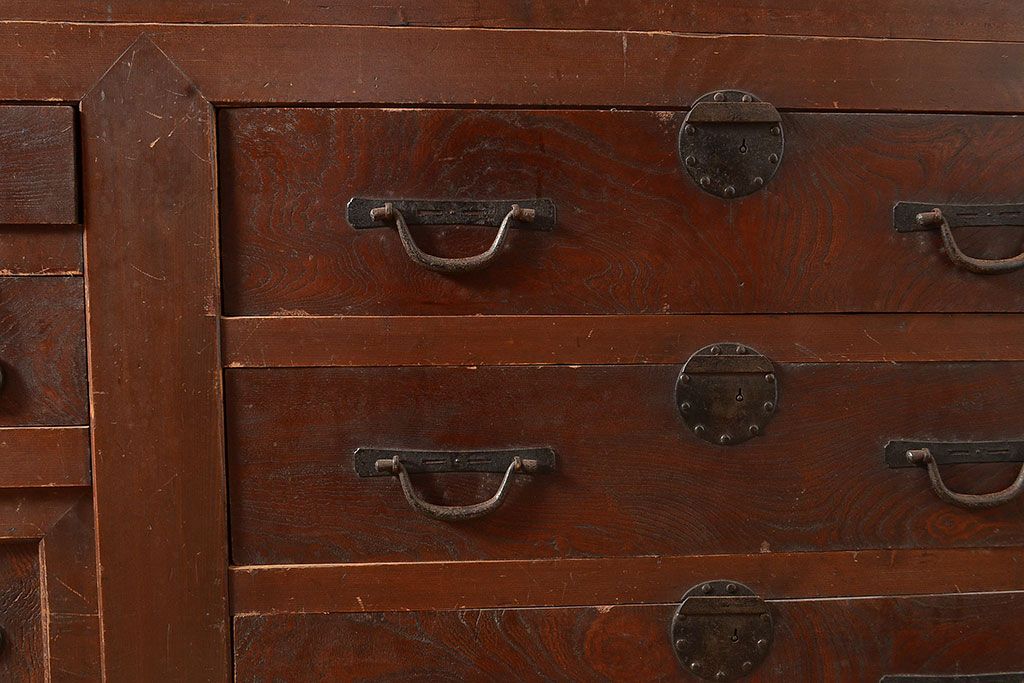 和製アンティーク　ヒノキ材・ケヤキ材　激レアサイズ!!堂々とした存在感抜群の九尺収納箪笥(水屋箪笥、夜具箪笥、布団箪笥、キャビネット、収納棚)(R-048768)