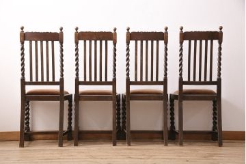 アンティーク家具　イギリス　オーク材　ツイストの背もたれと脚が目を引くチェア4脚セット(ダイニングチェア、椅子)(R-048780)