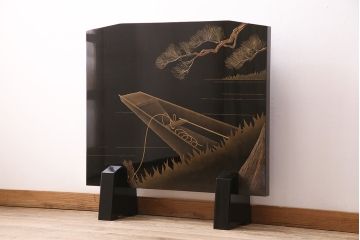 中古　民芸家具　輪島塗　浜高悦朗作　和の風情たっぷりな高蒔絵の衝立(定価約200万円)(つい立て)(R-048792)